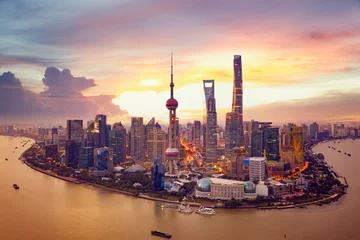 Deurstickers Shanghai Zonsondergang en stadsgezicht van Shanghai,