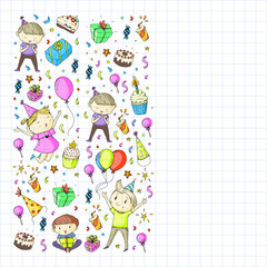 Happy boys and girls. Little kindergarten preschool children. Birthday party celebration. Icons for banners, posters, invitation.