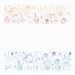 Happy boys and girls. Little kindergarten preschool children. Birthday party celebration. Icons for banners, posters, invitation.