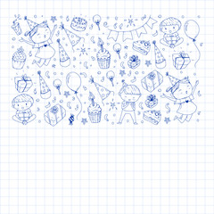 Happy boys and girls. Little kindergarten preschool children. Birthday party celebration. Icons for banners, posters, invitation.