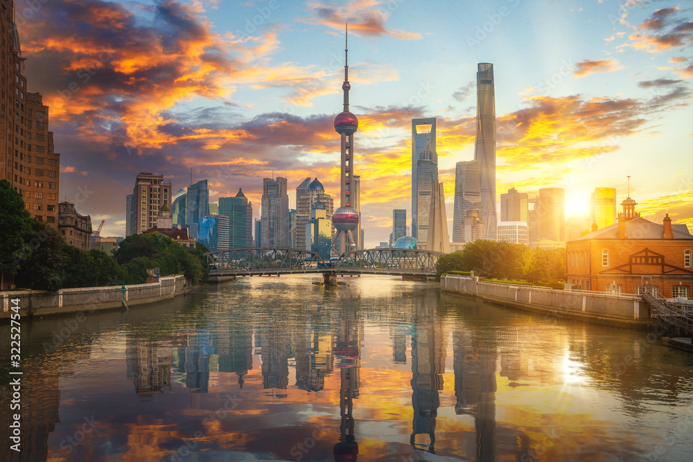 Sticker morning time in shanghai city with bridge and building background