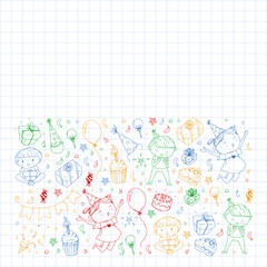 Happy boys and girls. Little kindergarten preschool children. Birthday party celebration. Icons for banners, posters, invitation.