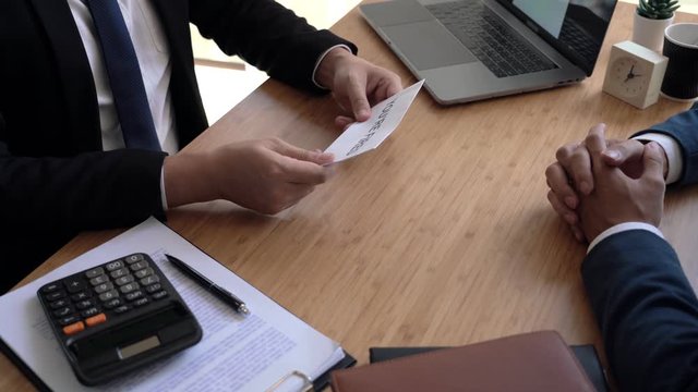 4k video of boss firing male incompetent employee ignoring requests. Dismissal, bad interview, jobless and employee job reduction concept.