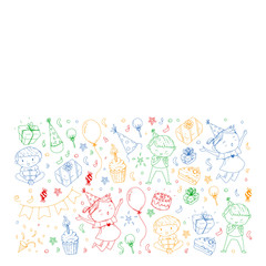 Happy boys and girls. Little kindergarten preschool children. Birthday party celebration. Icons for banners, posters, invitation.