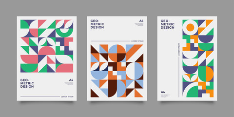 Obraz premium Poster templates set with Geometric shapes, Retro, bauhaus, swiss geometric style design elements. Retro, bauhaus art for covers, banners, flyers and posters. Eps 10 vector illustrations