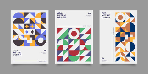 Fototapeta premium Poster templates set with Geometric shapes, Retro, bauhaus, swiss geometric style design elements. Retro, bauhaus art for covers, banners, flyers and posters. Eps 10 vector illustrations