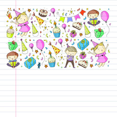 Happy boys and girls. Little kindergarten preschool children. Birthday party celebration. Icons for banners, posters, invitation.