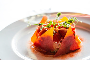 vegetables and seafood.  restaurant dish.