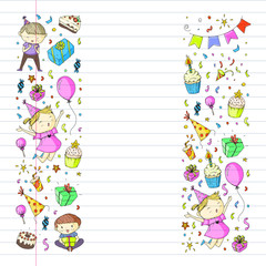 Happy boys and girls. Little kindergarten preschool children. Birthday party celebration. Icons for banners, posters, invitation.