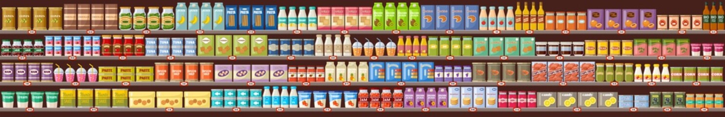 Supermarket, shelves with products and drinks. Vector flat illustration
