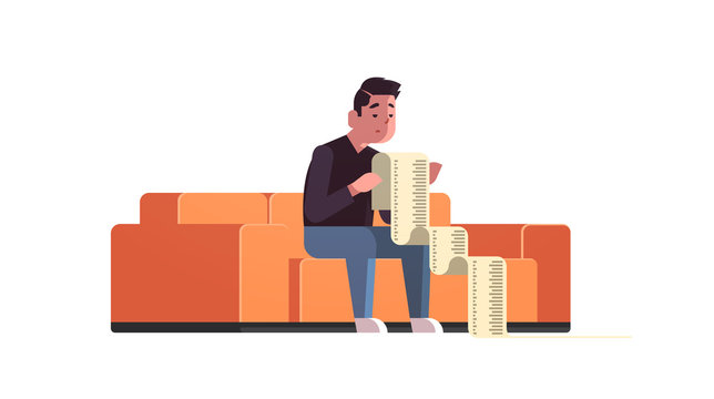 stressed businessman with long tax document debtor shocked by payment bills financial crisis bankruptcy concept bankrupt sitting on sofa worried about paying a lot of money horizontal vector