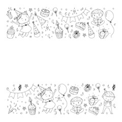 Happy boys and girls. Little kindergarten preschool children. Birthday party celebration. Icons for banners, posters, invitation.