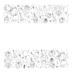 Happy boys and girls. Little kindergarten preschool children. Birthday party celebration. Icons for banners, posters, invitation.