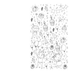 Happy boys and girls. Little kindergarten preschool children. Birthday party celebration. Icons for banners, posters, invitation.