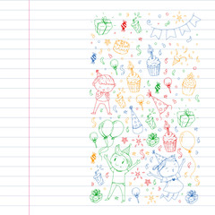 Happy boys and girls. Little kindergarten preschool children. Birthday party celebration. Icons for banners, posters, invitation.