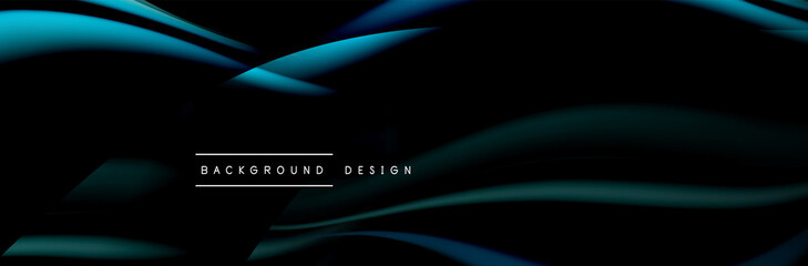 Сolorful flow poster. Wave liquid lines and shapes in black color background. Vector Illustration