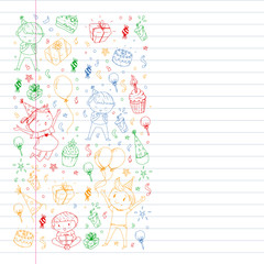 Happy boys and girls. Little kindergarten preschool children. Birthday party celebration. Icons for banners, posters, invitation.