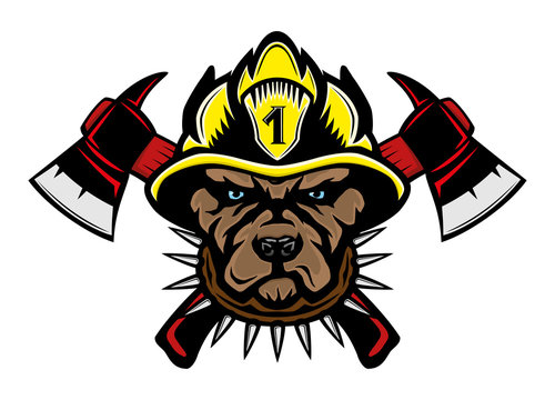 Dog firefighter breed pit bull terrier in a helmet and fire axes on a white background.