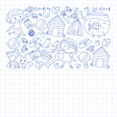 Pet shop. Vector illustration with animals, dog, cat, fish, Colorful background with kitten, bird, puppy. Veterinarian clinic.