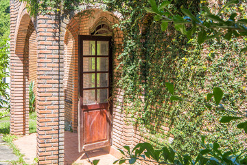 Fototapeta na wymiar brick wall with plan and old wooden door