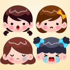 Cartoon Cute Little Girl Head Avatar Face Negative Emotions Set Stock Vector