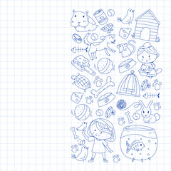 Pet shop. Vector illustration with animals, dog, cat, fish, Colorful background with kitten, bird, puppy. Veterinarian clinic.