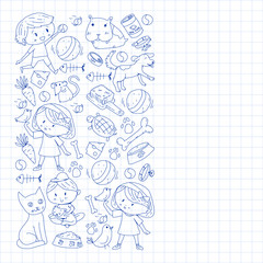 Pet shop. Vector illustration with animals, dog, cat, fish, Colorful background with kitten, bird, puppy. Veterinarian clinic.