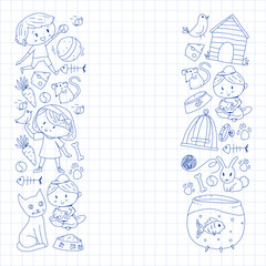 Pet shop. Vector illustration with animals, dog, cat, fish, Colorful background with kitten, bird, puppy. Veterinarian clinic.