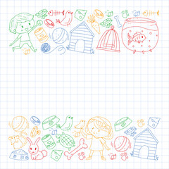 Fototapeta premium Pet shop. Vector illustration with animals, dog, cat, fish, Colorful background with kitten, bird, puppy. Veterinarian clinic.