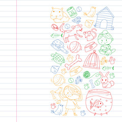 Pet shop. Vector illustration with animals, dog, cat, fish, Colorful background with kitten, bird, puppy. Veterinarian clinic.