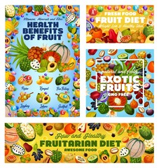 Naklejka premium Exotic fruit vitamins, health benefits of fruitarian diet and GMO free tropical berries vector design. Tangerine, cherimoya and persimmon, apple cashew, jackfruit and soursop, cantaloupe and kumquat