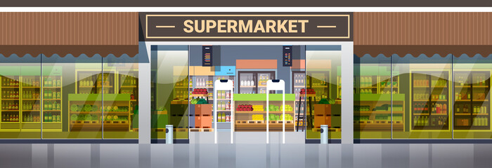 modern supermarket retail store with assortment of groceries grocery shop exterior horizontal vector illustration