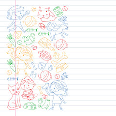 Pet shop. Vector illustration with animals, dog, cat, fish, Colorful background with kitten, bird, puppy. Veterinarian clinic.