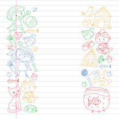 Pet shop. Vector illustration with animals, dog, cat, fish, Colorful background with kitten, bird, puppy. Veterinarian clinic.