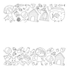 Pet shop. Vector illustration with animals, dog, cat, fish, Colorful background with kitten, bird, puppy. Veterinarian clinic.