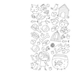 Pet shop. Vector illustration with animals, dog, cat, fish, Colorful background with kitten, bird, puppy. Veterinarian clinic.