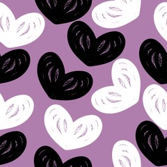 Seamless romantic pattern with hearts. Colorful doodle hearts on a purple background. Ready template for design, greeting card, print, poster, party, vintage textile. Vector.