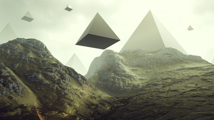 Rocky Hills with Floating Alien Geometric Pyramid Shapes