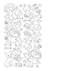 Pet shop. Vector illustration with animals, dog, cat, fish, Colorful background with kitten, bird, puppy. Veterinarian clinic.