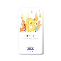 businesspeople frustrated about fallen in price bitcoin collapse of crypto currency falling down arrow financial crisis bankrupt investment risk concept full length smartphone screen mobile app vector