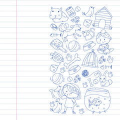 Pet shop. Vector illustration with animals, dog, cat, fish, Colorful background with kitten, bird, puppy. Veterinarian clinic.