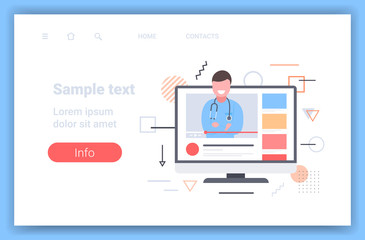 doctor blogger giving information about medicine online medical consultation assistance by internet healthcare concept monitor screen video player horizontal copy space vector illustration