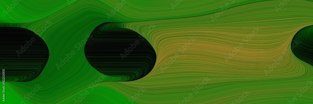 Poster surreal header design with forest green, black and dark golden rod colors. dynamic curved lines with fluid flowing waves and curves