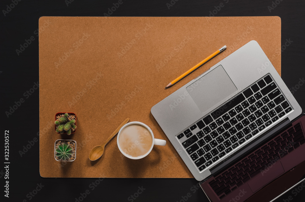 Wall mural office stuff and it gadgets display on top view business desk with copy space at text of picture. cr