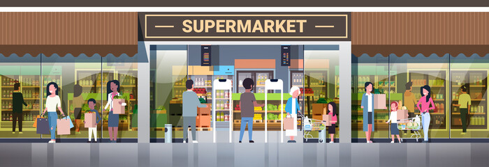 people group holding bags pushing trolleys with groceries shopping consumerism concept modern grocery shop supermarket exterior horizontal full length vector illustration