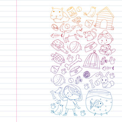 Pet shop. Vector illustration with animals, dog, cat, fish, Colorful background with kitten, bird, puppy. Veterinarian clinic.