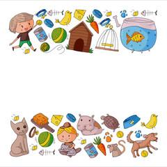 Obraz premium Pet shop. Vector illustration with animals, dog, cat, fish, Colorful background with kitten, bird, puppy. Veterinarian clinic.