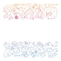 Pet shop. Vector illustration with animals, dog, cat, fish, Colorful background with kitten, bird, puppy. Veterinarian clinic.