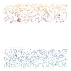 Pet shop. Vector illustration with animals, dog, cat, fish, Colorful background with kitten, bird, puppy. Veterinarian clinic.