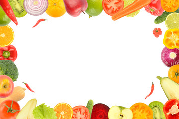 Frame of fresh wholesome vegetables and fruits isolated on white background.